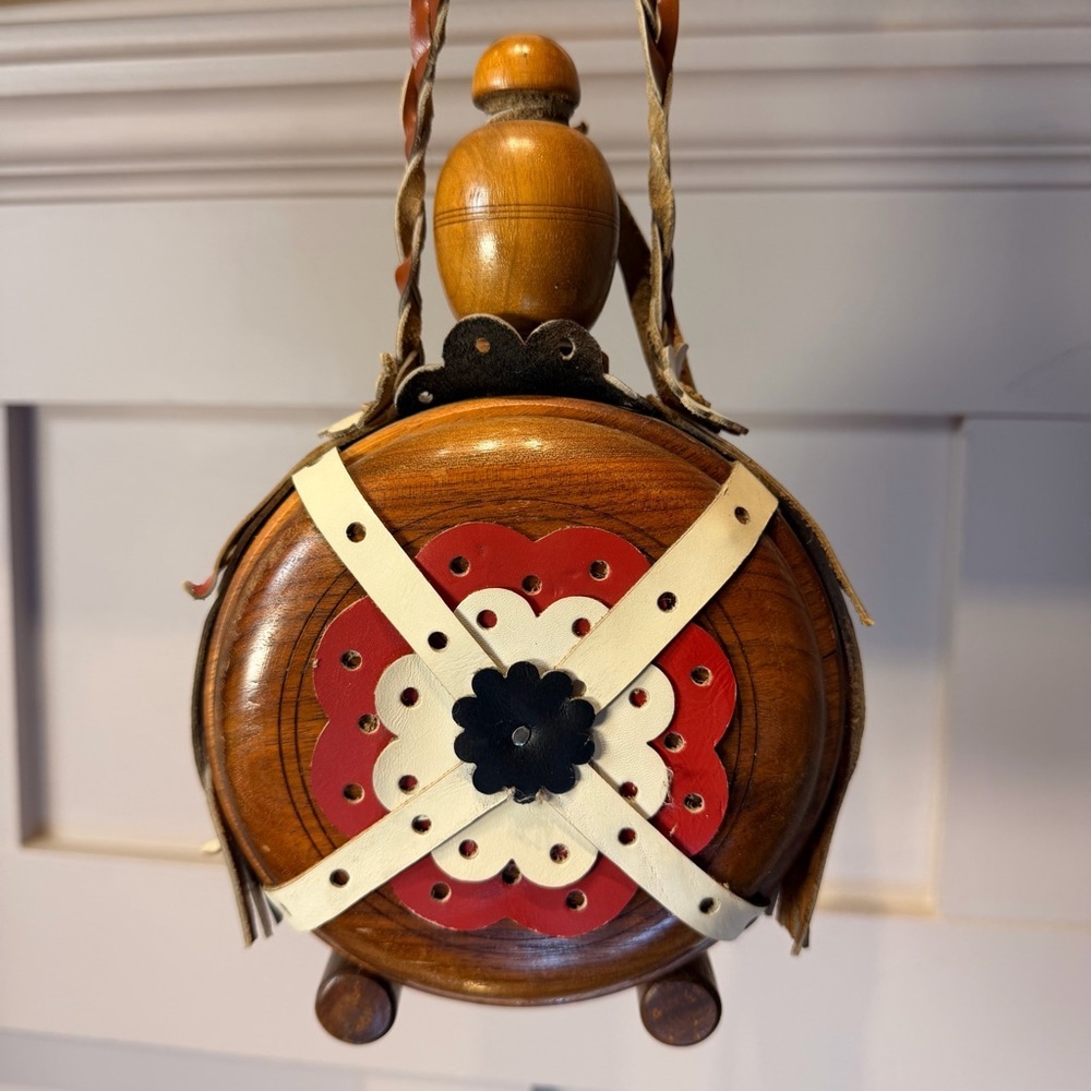European Hand Carved Decorative Wooden Canteen Wine Flask Ribbon Strap Folk Art